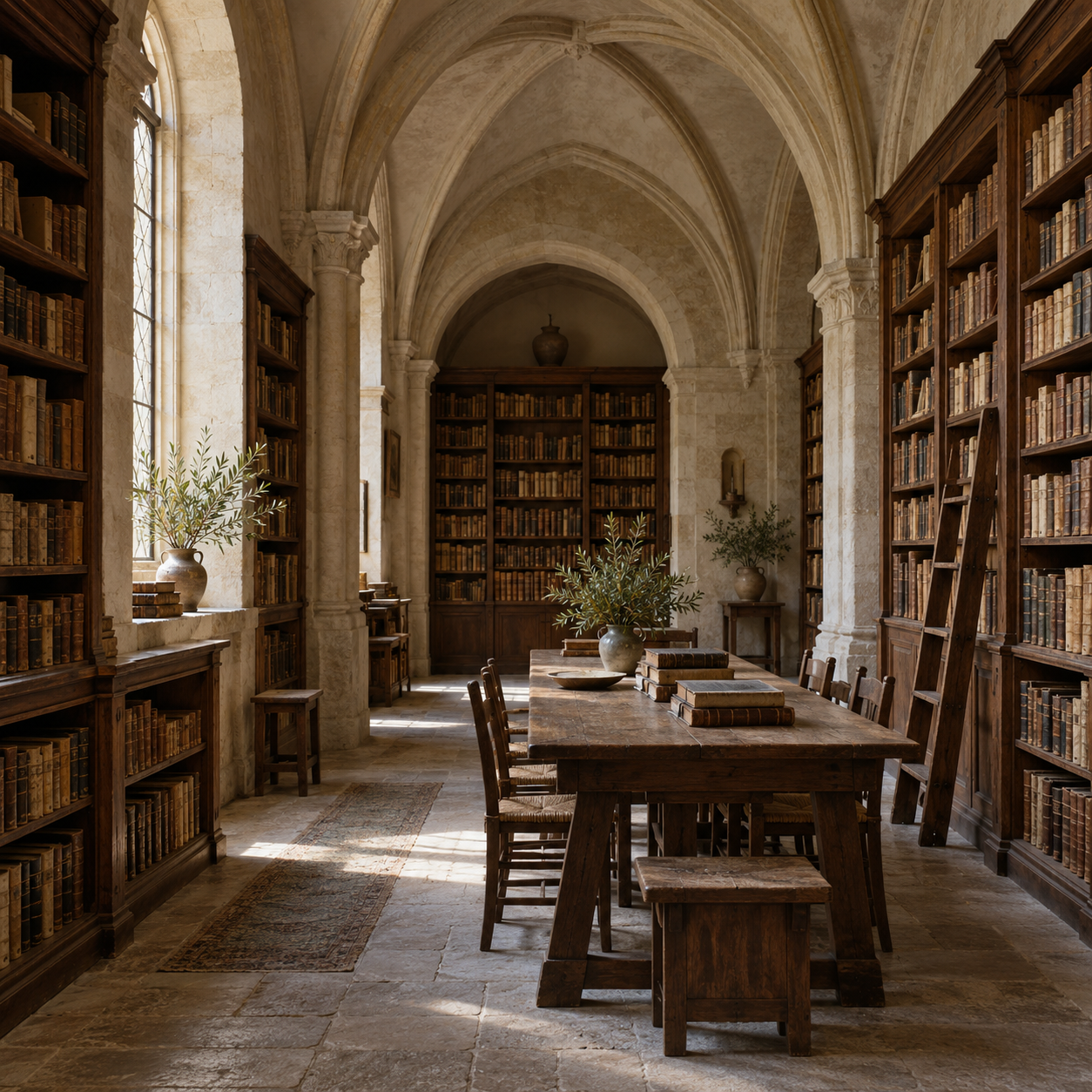 Biblioteca monástica imaginada; imagen generada con IA, no representa una biblioteca real