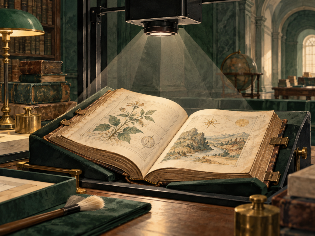 Ilustración de un libro antiguo imaginado y su digitalización; imagen generada con IA.