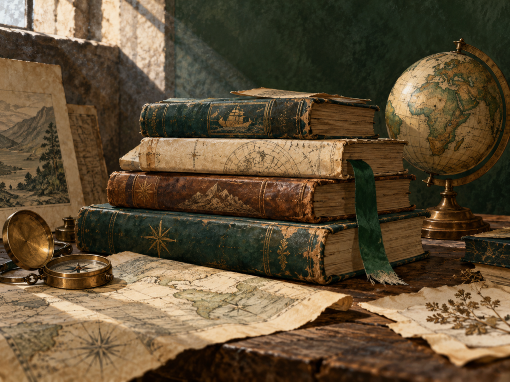 Ilustración editorial imaginada de libros antiguos; imagen generada con IA, no representa la librería real.