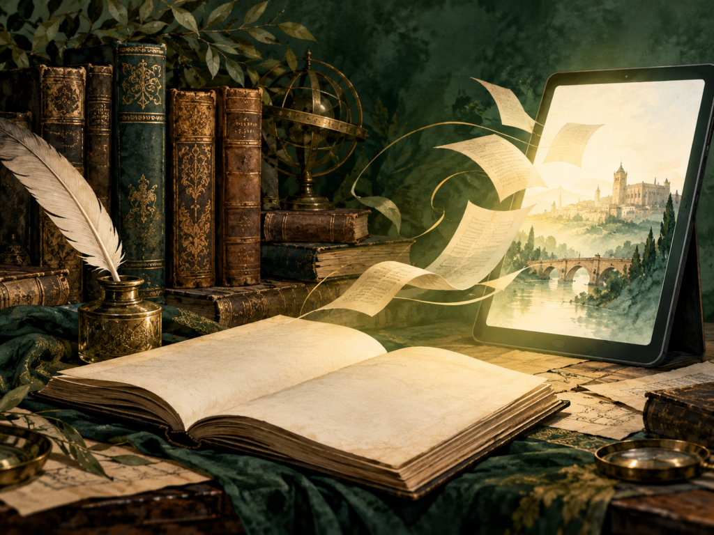 Ilustración imaginada de libros clásicos junto a una pantalla de lectura; imagen generada con IA.