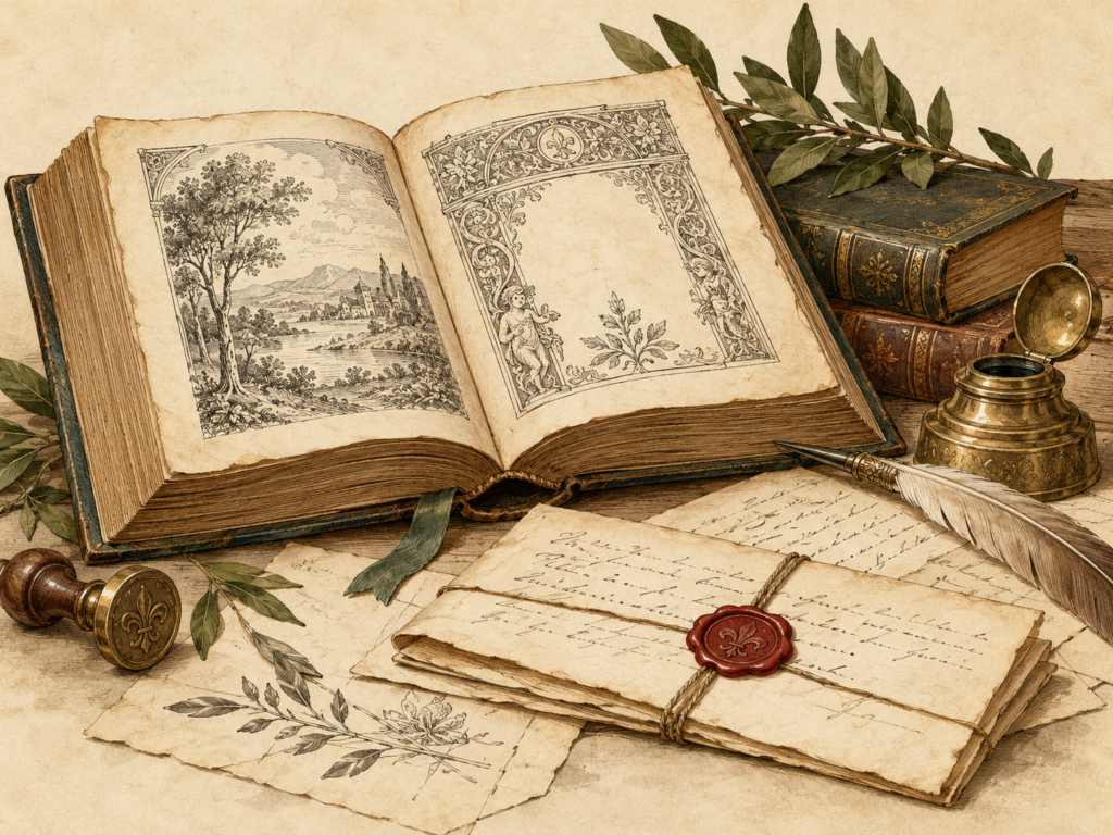 Ilustración editorial imaginada de libros antiguos; imagen generada con IA, no representa la librería real.
