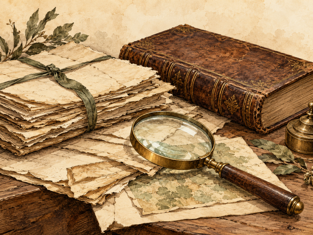 Ilustración editorial imaginada de libros antiguos; imagen generada con IA, no representa la librería real.