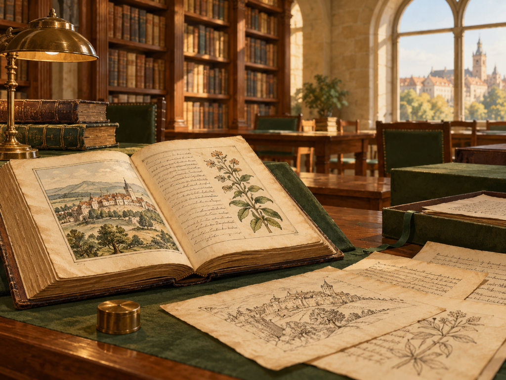 Ilustración imaginada de libros y manuscritos en una biblioteca vasca; imagen generada con IA, no representa fondos reales.