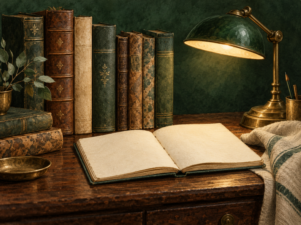 Ilustración editorial imaginada de libros antiguos; imagen generada con IA, no representa la librería real.